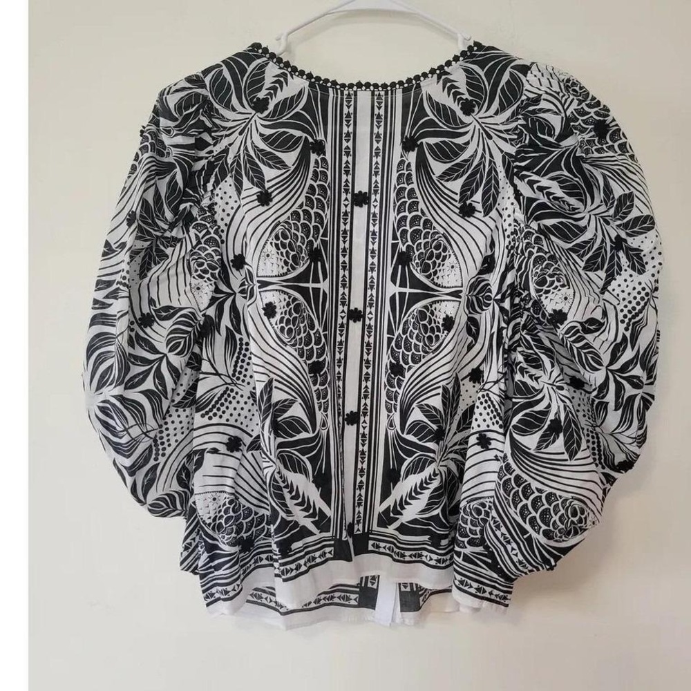 Farm Rio Black White Graphic Toucans Puff Sleeve Button Back Blouse Medium - Picture 5 of 5